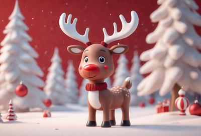 The primary subject of the image is a toy reindeer figurine, which is standing in a snowy environment. The setting includes a red background and a forest of trees in the background. The visual style of the image is a digital art or illustration, with the reindeer figurine being the main focus. The colors and mood of the image are predominantly white and cold, with the snowy environment and the reindeer figurine creating a sense of winter and holiday cheer.
